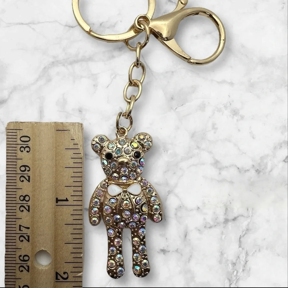 Gold Toned Coquette 2” Teddy Bear Keychain with Iridescent Rhinestones and Bow